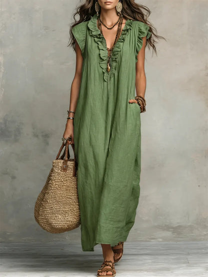 Ruffle V Neck Short Sleeve Maxi Dress With Pockets