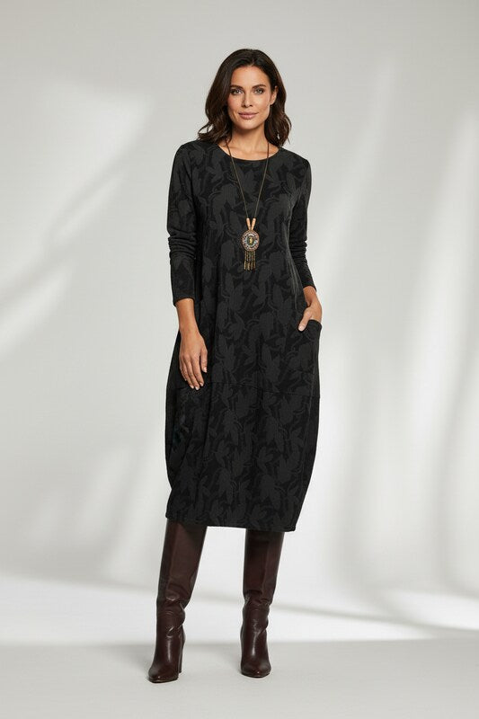 Long Sleeve Winter Dress with Round Neckline and Floral Detail