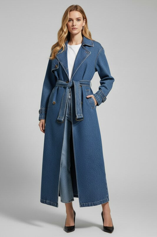 Long Womens Trench Coat with Belted Waist and Textured Surface