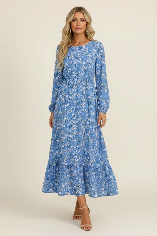Summer Dress with Gathered Waist and Floral Design