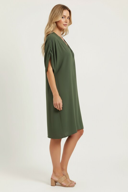 V Neck Dress with Draped Silhouette and Sleeve Cut Outs