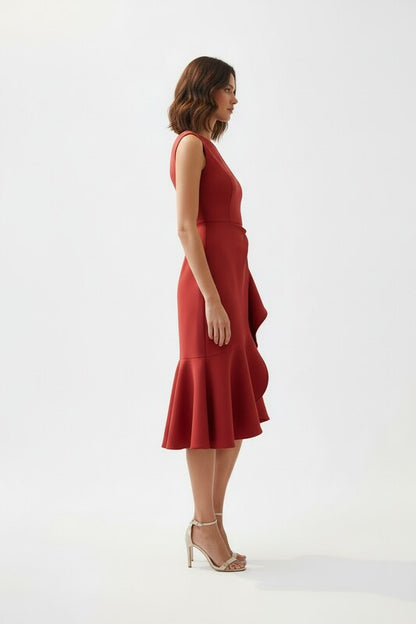 Asymmetric Draped Midi Dress with Sleeveless Cut