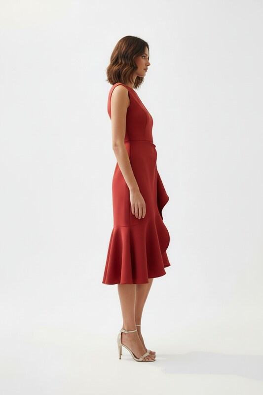 Asymmetric Draped Midi Dress with Sleeveless Cut
