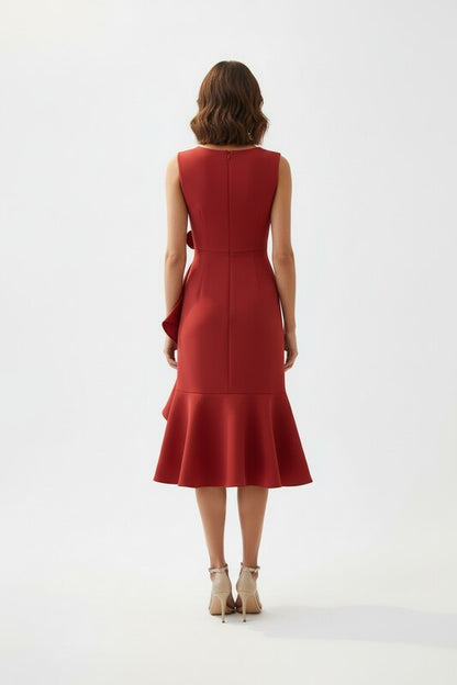 Asymmetric Draped Midi Dress with Sleeveless Cut