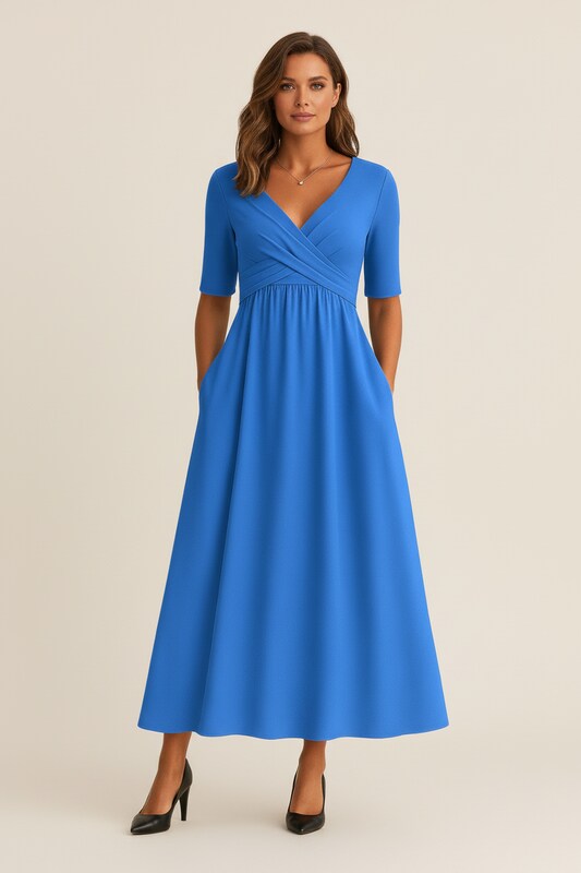 A Line Dress with V Neckline and Draped Silhouette