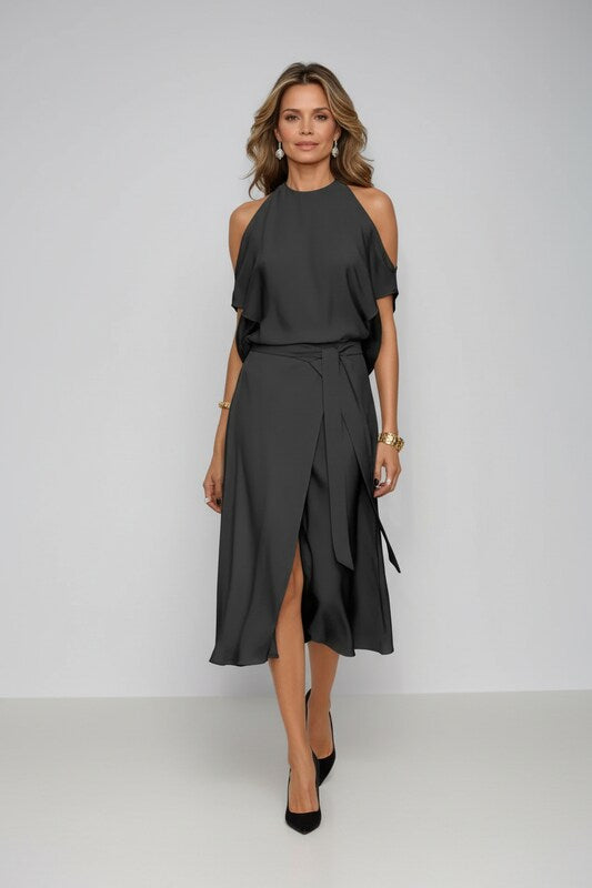 Cold Shoulder Halter Midi Dress with Asymmetric Hem