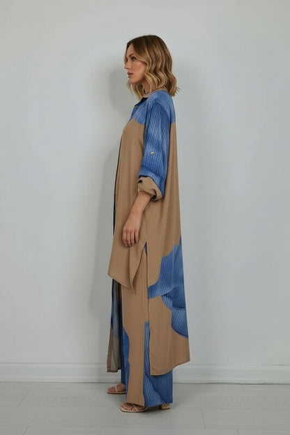 Printed Two Piece Set with Flowing Blouse and Wide Leg Pants