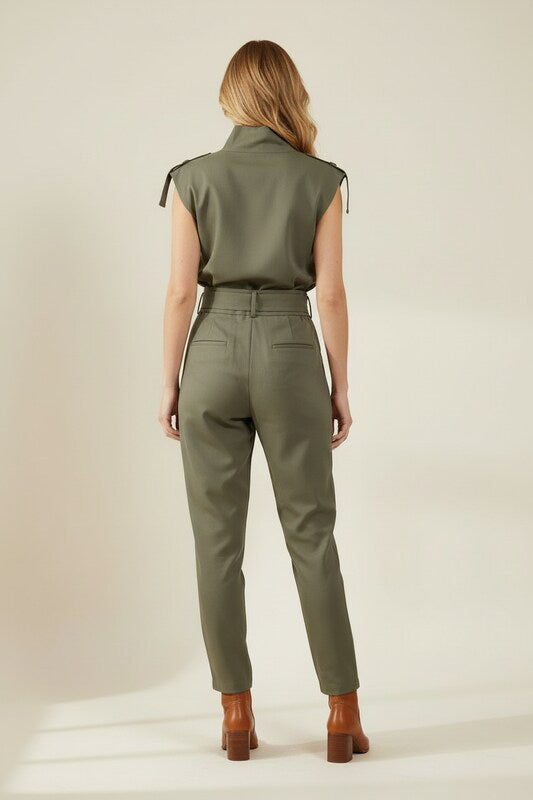 Sleeveless High Neck Jumpsuit with Belted Waist and Tapered Legs