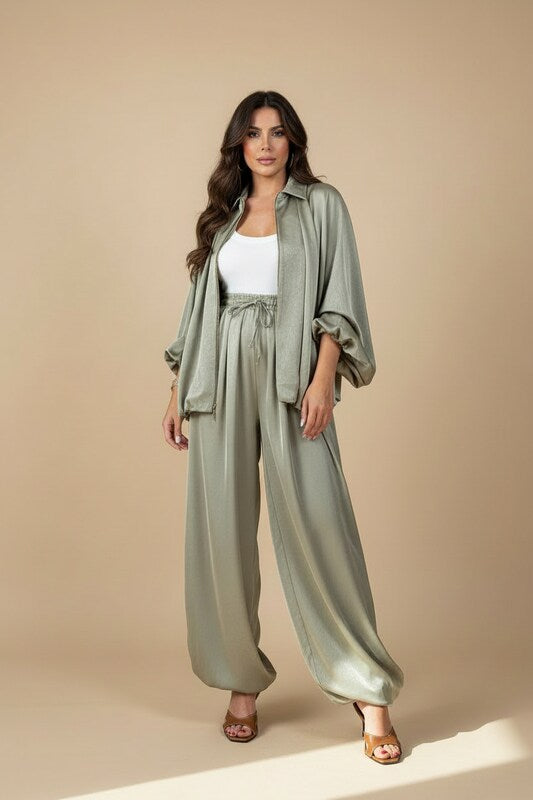 Matching Jacket and Drawstring Pants Set with Relaxed Fit