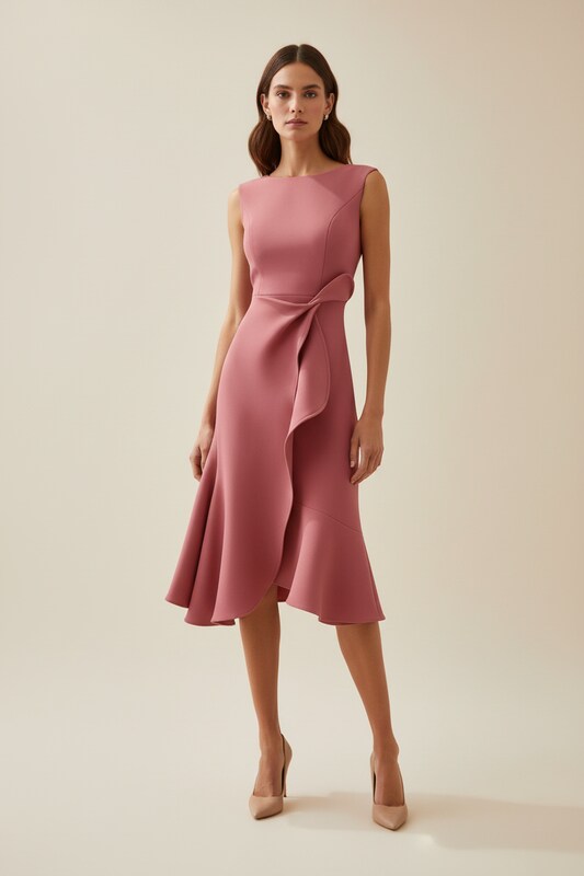 Asymmetric Draped Midi Dress with Sleeveless Cut