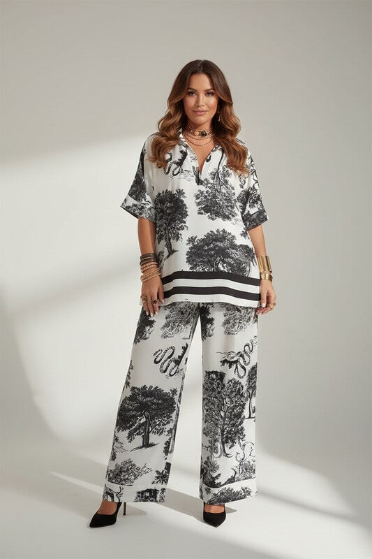 Printed V Neck Top and Flowing Pants Set with Relaxed Silhouette