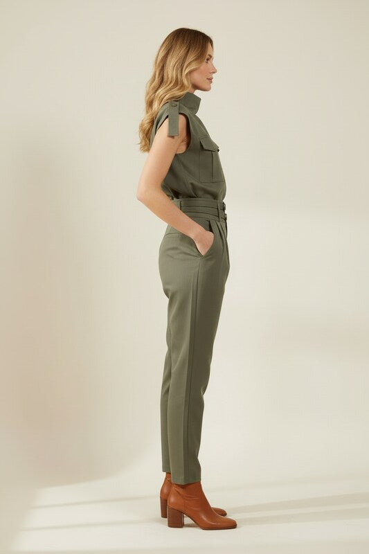 Sleeveless High Neck Jumpsuit with Belted Waist and Tapered Legs