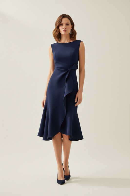 Asymmetric Draped Midi Dress with Sleeveless Cut