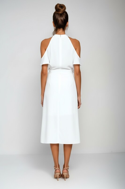 Cold Shoulder Halter Midi Dress with Asymmetric Hem