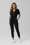 Button Front Jumpsuit with Collar Neckline and Waist Tie