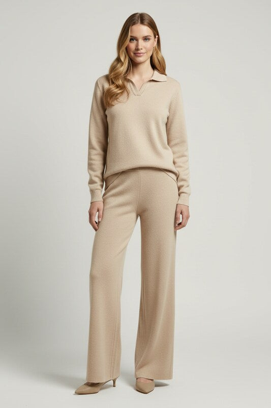 Polo Collar Two Piece Womens Set with Wide Leg Pants