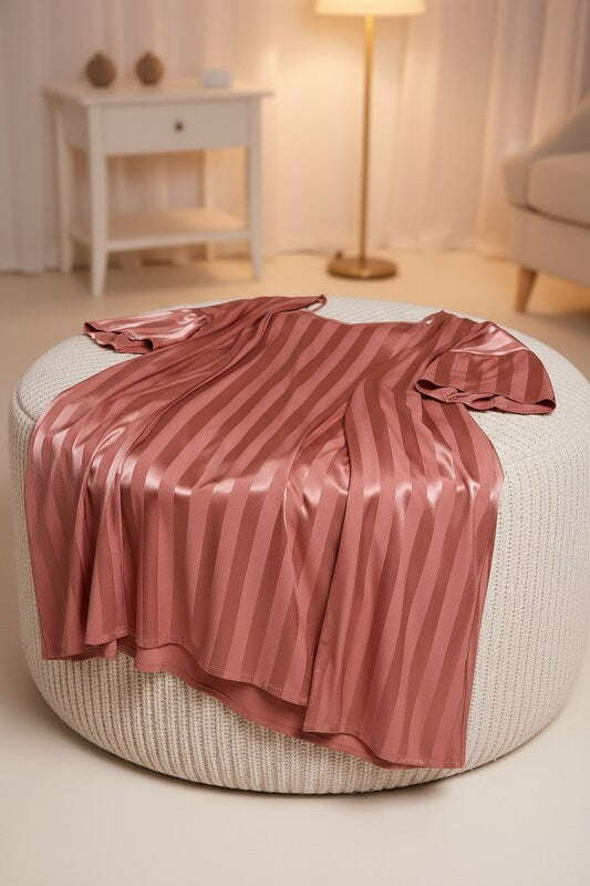 Satin Nightwear Set Gown Slip Dress Striped Rose Pink