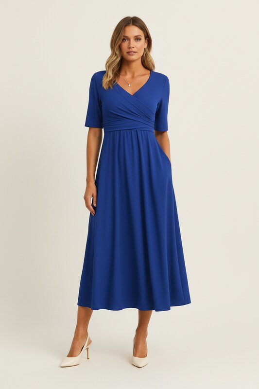 A Line Dress with V Neckline and Draped Silhouette