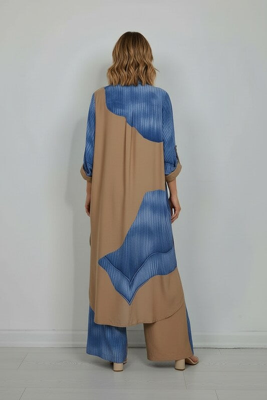 Printed Two Piece Set with Flowing Blouse and Wide Leg Pants