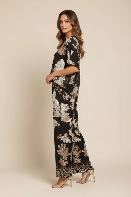 Printed V Neck Top and Flowing Pants Set with Relaxed Silhouette
