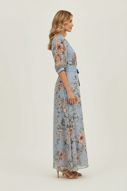 V Neck Midi Dress with Flared Silhouette