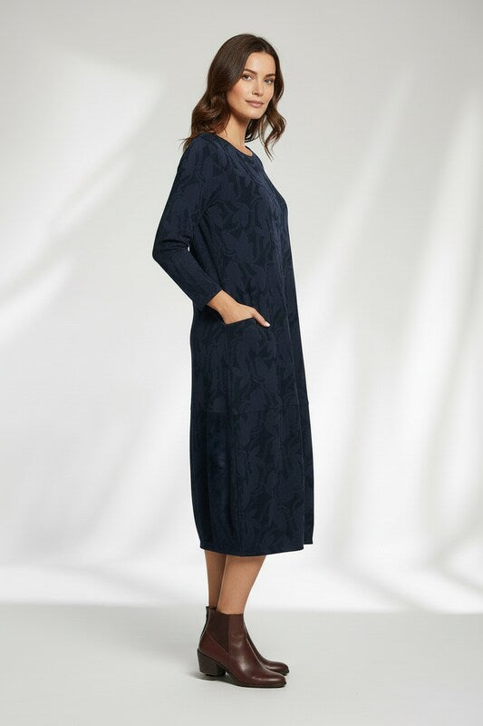 Long Sleeve Winter Dress with Round Neckline and Floral Detail