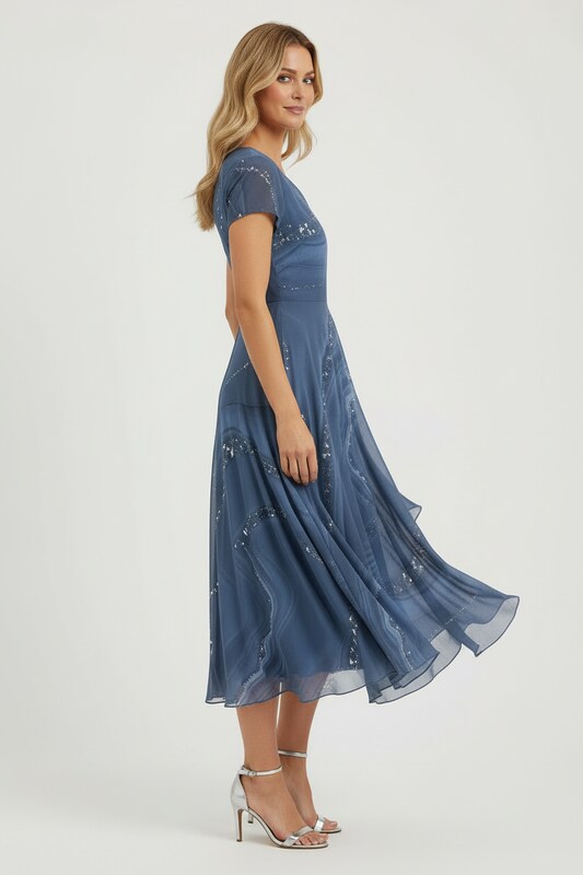 V Neck Midi Dress with Patchwork Detail