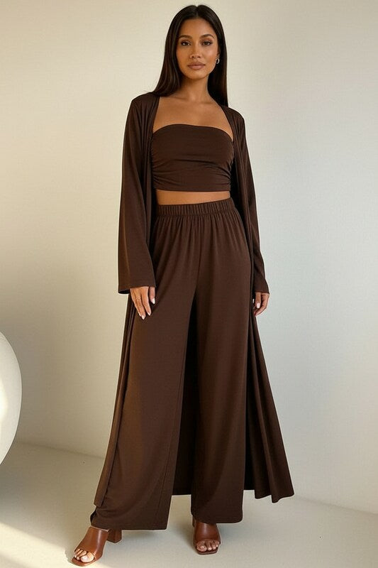 Three Piece Set with Fitted Top Pants and Kimono