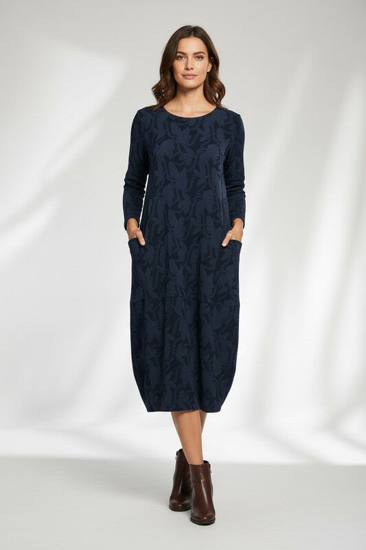 Long Sleeve Winter Dress with Round Neckline and Floral Detail