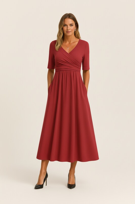 A Line Dress with V Neckline and Draped Silhouette