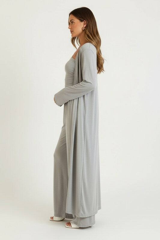 Three Piece Set with Fitted Top Pants and Kimono