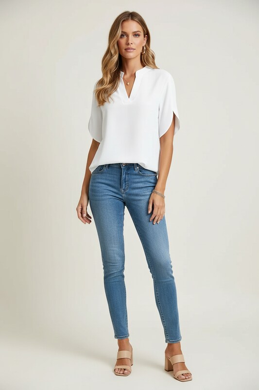 V Neck Blouse with Cap Sleeves and Flowy Fit