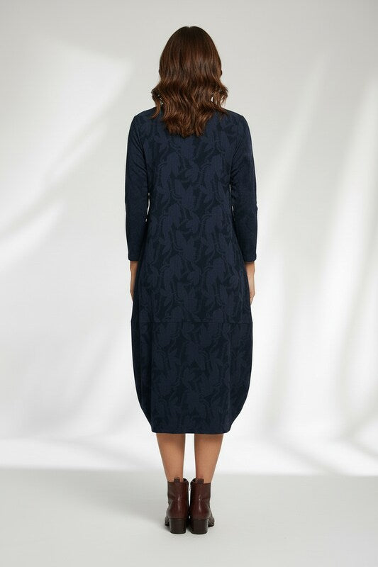 Long Sleeve Winter Dress with Round Neckline and Floral Detail
