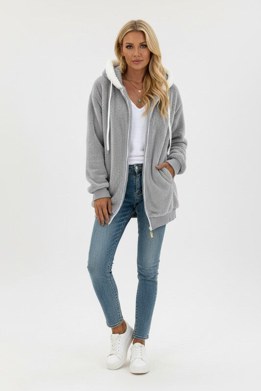Zip Up Sherpa Hoodie with Relaxed Fit
