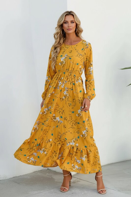 Summer Dress with Gathered Waist and Floral Design