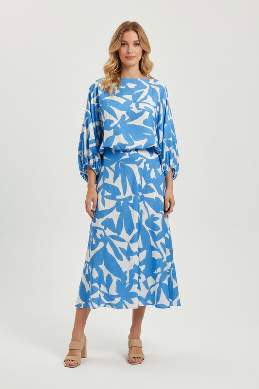 Printed Top and Skirt Set with Lantern Sleeves