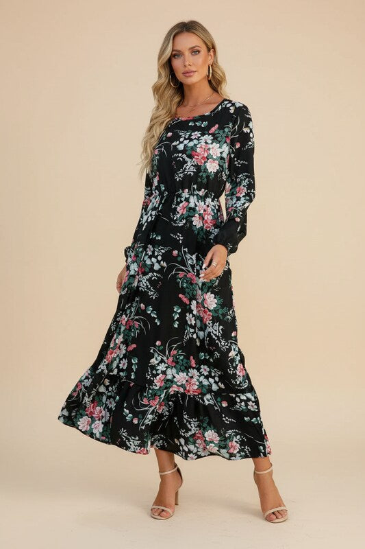 Summer Dress with Gathered Waist and Floral Design