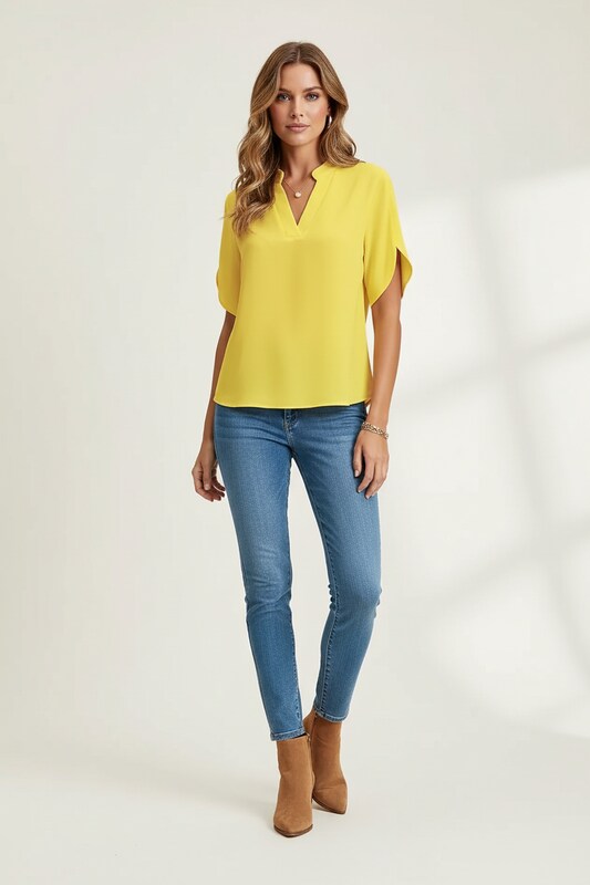 V Neck Blouse with Cap Sleeves and Flowy Fit