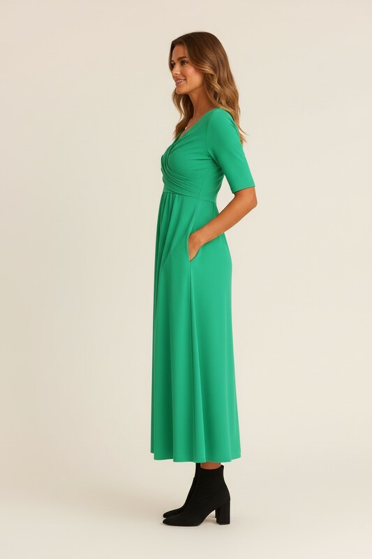 A Line Dress with V Neckline and Draped Silhouette