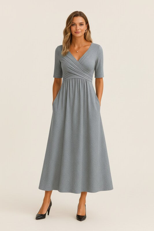 A Line Dress with V Neckline and Draped Silhouette