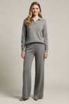 Polo Collar Two Piece Womens Set with Wide Leg Pants