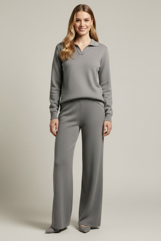 Polo Collar Two Piece Womens Set with Wide Leg Pants