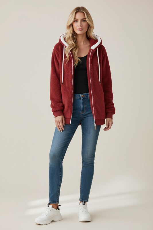 Zip Up Sherpa Hoodie with Relaxed Fit
