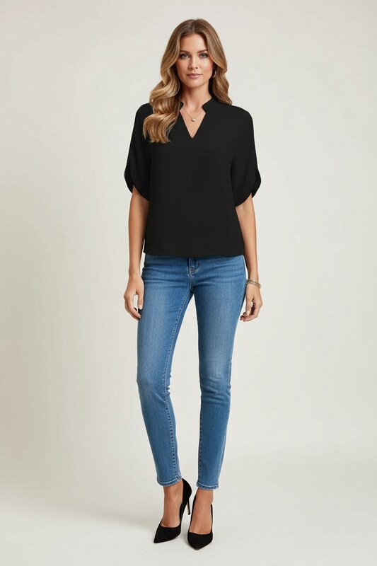 V Neck Blouse with Cap Sleeves and Flowy Fit