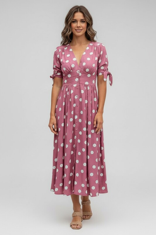 Printed Midi Dress with V Neckline and Button Front