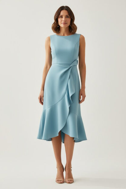 Asymmetric Draped Midi Dress with Sleeveless Cut