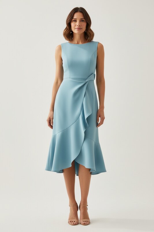 Asymmetric Draped Midi Dress with Sleeveless Cut