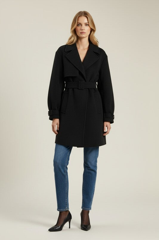 Textured Womens Trench Coat with Wide Lapel and Waist Belt