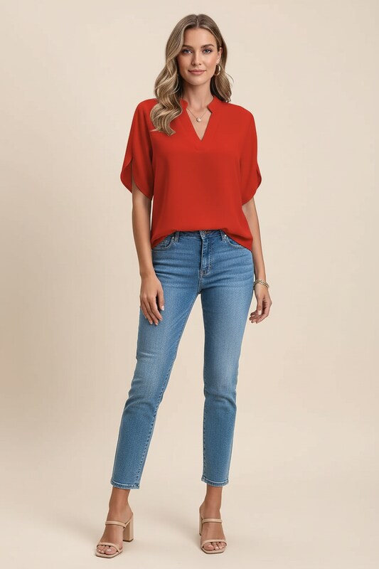 V Neck Blouse with Cap Sleeves and Flowy Fit