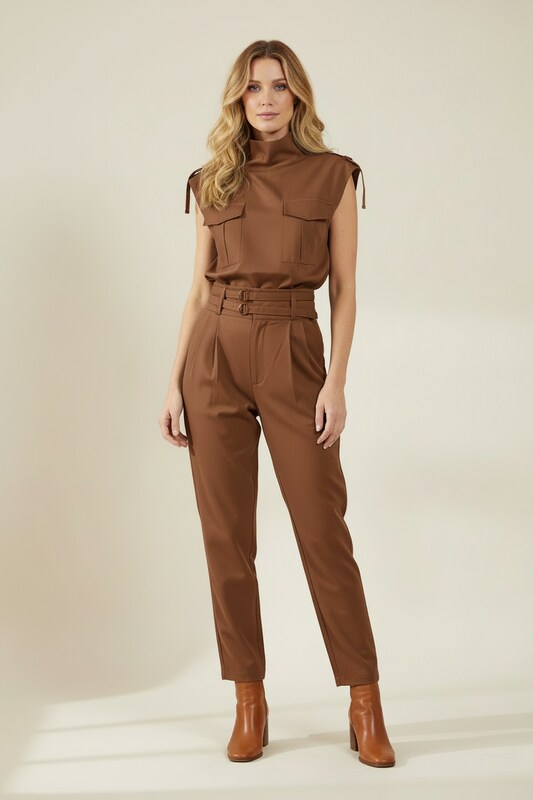 Sleeveless High Neck Jumpsuit with Belted Waist and Tapered Legs